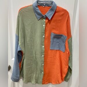 Vibrant Orange and Soft blue button up long sleeve shirt top